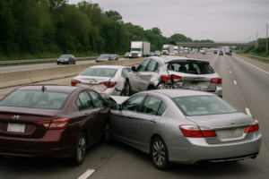 Multi vehicle rear end collision on a congested Florida highway showing several damaged cars stopped across multiple lanes during heavy traffic.