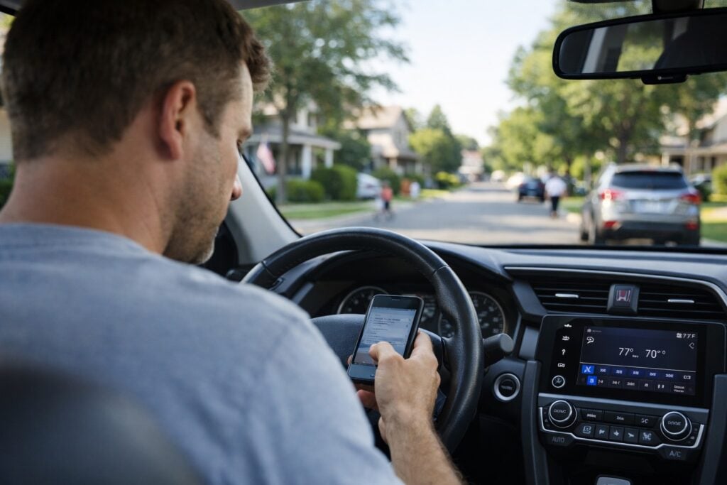 Distracted driver using a phone while driving through a residential neighborhood street