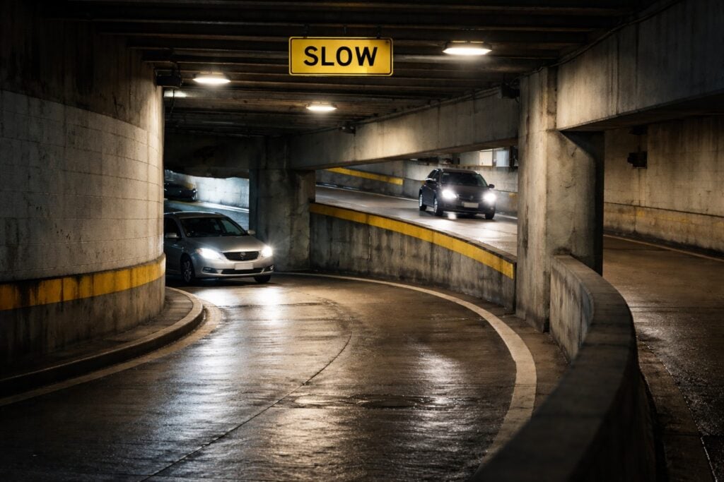 Limited visibility and poor lighting on a parking garage ramp increase garage collision risks
