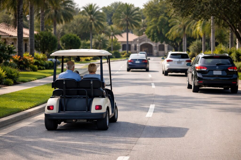 Golf cart collisions risk shown by a golf cart traveling on a residential street alongside passenger vehicles in a planned community.