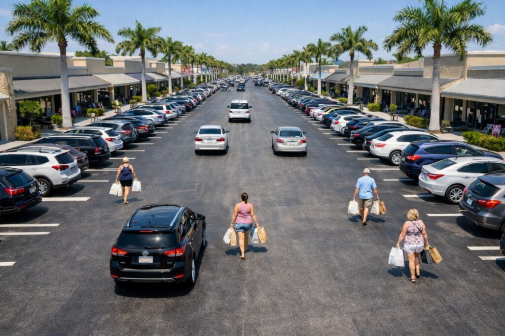 Aerial view of a Florida shopping center parking lot with pedestrians walking through a wide central driving lane between rows of parked cars and palm lined storefronts.