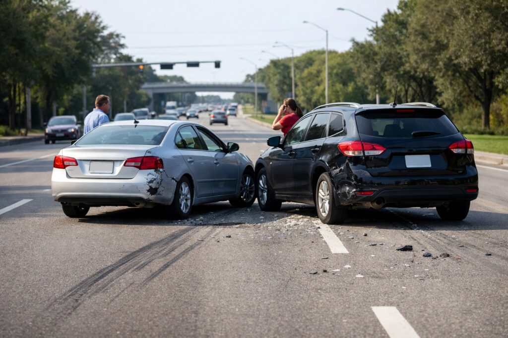 Post collision errors shown by vehicles stopped in original positions before crash scene documentation on a Florida roadway.