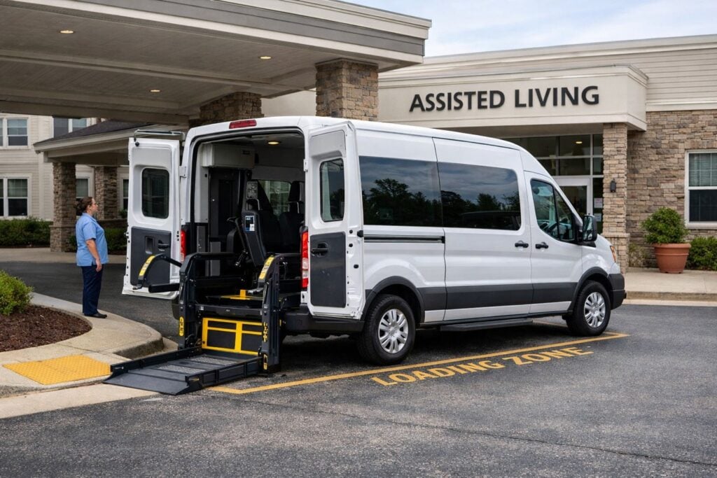 Transport neglect signs shown by a nursing home transport van parked at a facility entrance with a wheelchair accessible lift.