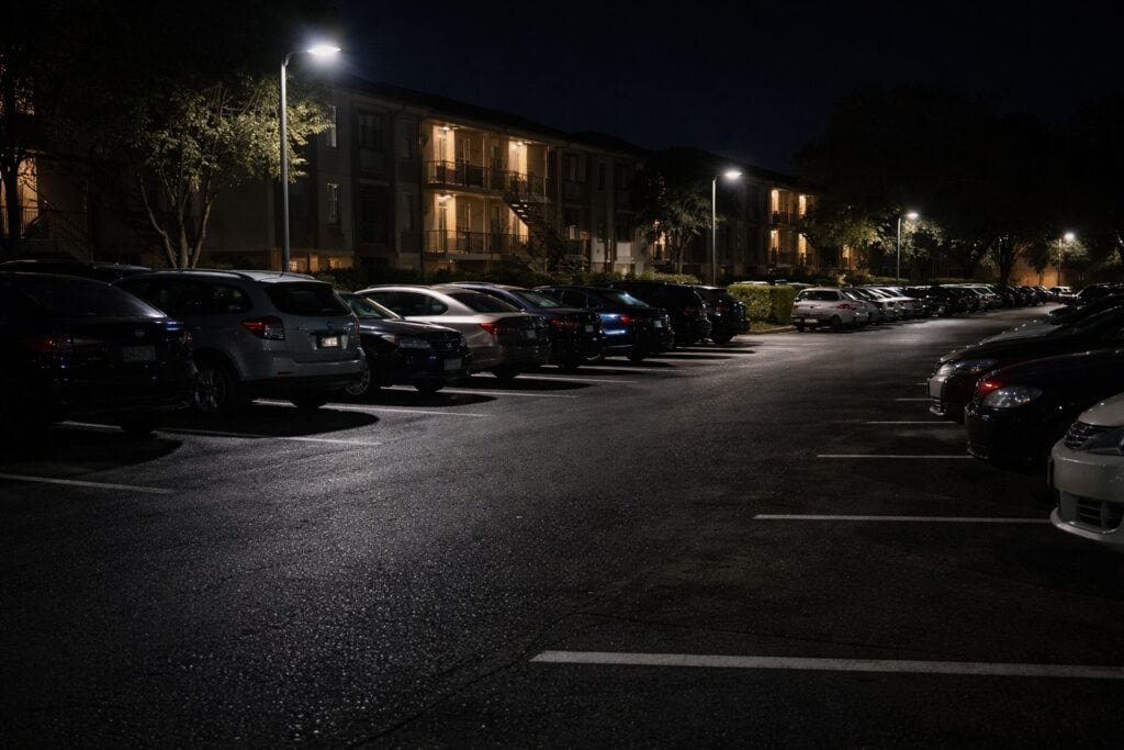 Apartment parking lighting showing dim visibility and shadowed areas in a residential parking lot at night.