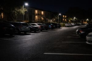 Apartment parking lighting showing dim visibility and shadowed areas in a residential parking lot at night.