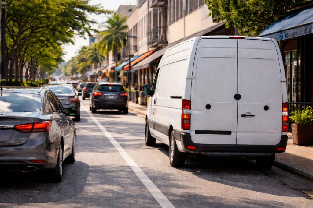 Delivery van risks shown by a commercial delivery van stopped at the curb on a narrow Florida city street with passing traffic.