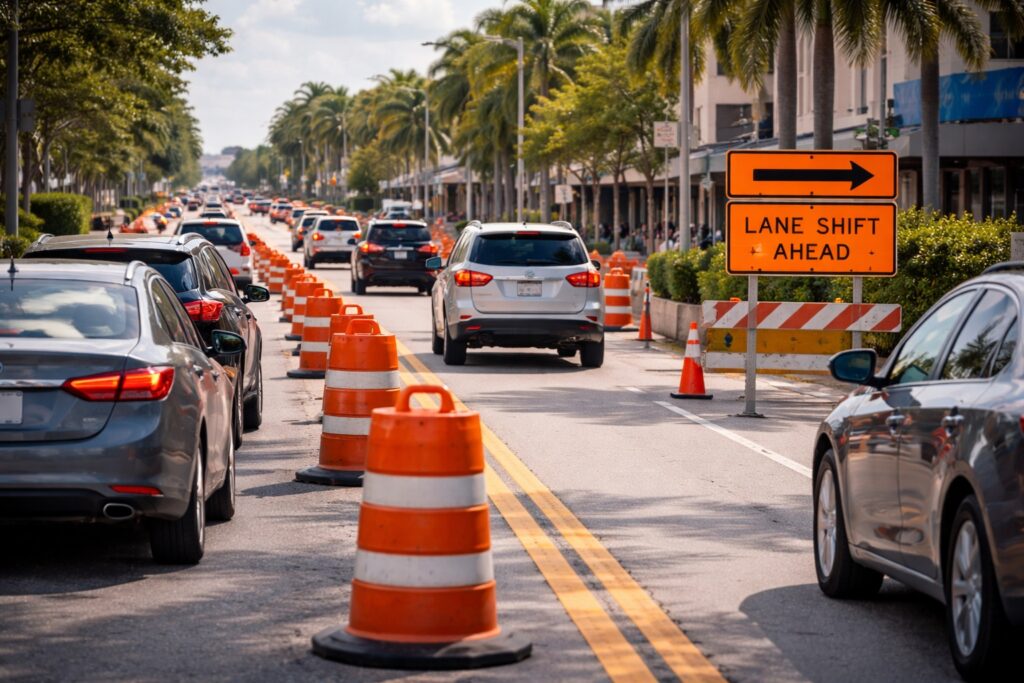 Detour collision hazards caused by temporary lane shifts and construction barriers on a Florida city street.