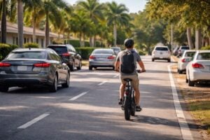 Ebike vehicle collisions risk shown by an electric bicycle traveling alongside cars on a residential Florida street.