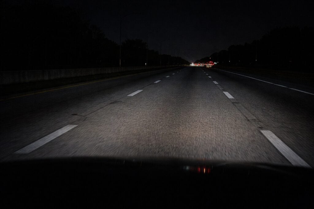 Faded markings hazards shown by barely visible lane lines on a Florida roadway at night.