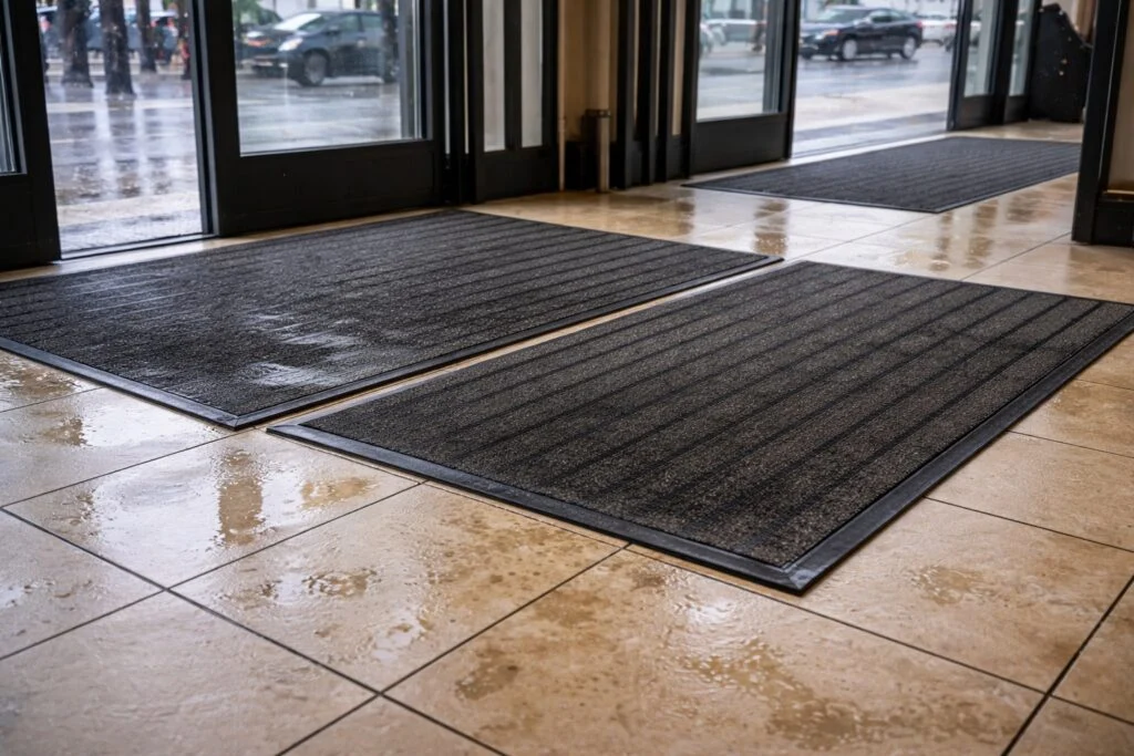 Parking area fall risks increase when entrance floor mats become saturated with moisture near parking area doors.