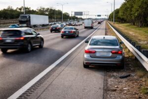 Shoulder collision risks on a Florida highway where a disabled vehicle is stopped on a narrow shoulder beside fast moving traffic.