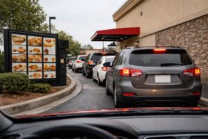 Drive thru crash risks increase when vehicles line up closely in fast food drive thru lanes with limited space to stop and maneuver.