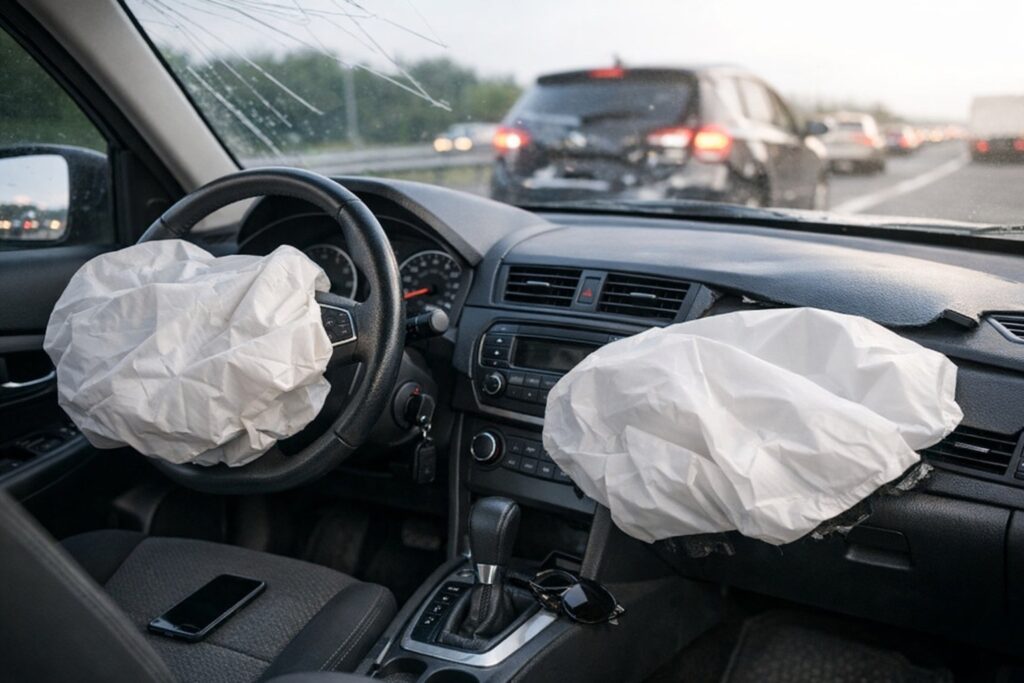 Vehicle interior with deployed airbags during the first accident hours after a Florida motor vehicle crash.