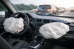 Vehicle interior with deployed airbags during the first accident hours after a Florida motor vehicle crash.