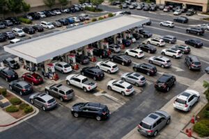 Aerial view of a busy gas station with multiple pump islands and vehicles navigating narrow fuel lanes.