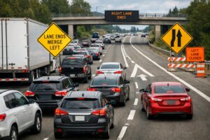Merge lane collision risks increase where multiple highway lanes compress into fewer lanes in a busy highway merge zone.
