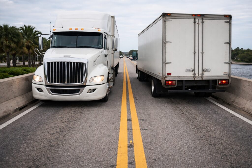 Narrow bridge collision risks increase when large trucks pass each other with limited lane space on a narrow bridge.
