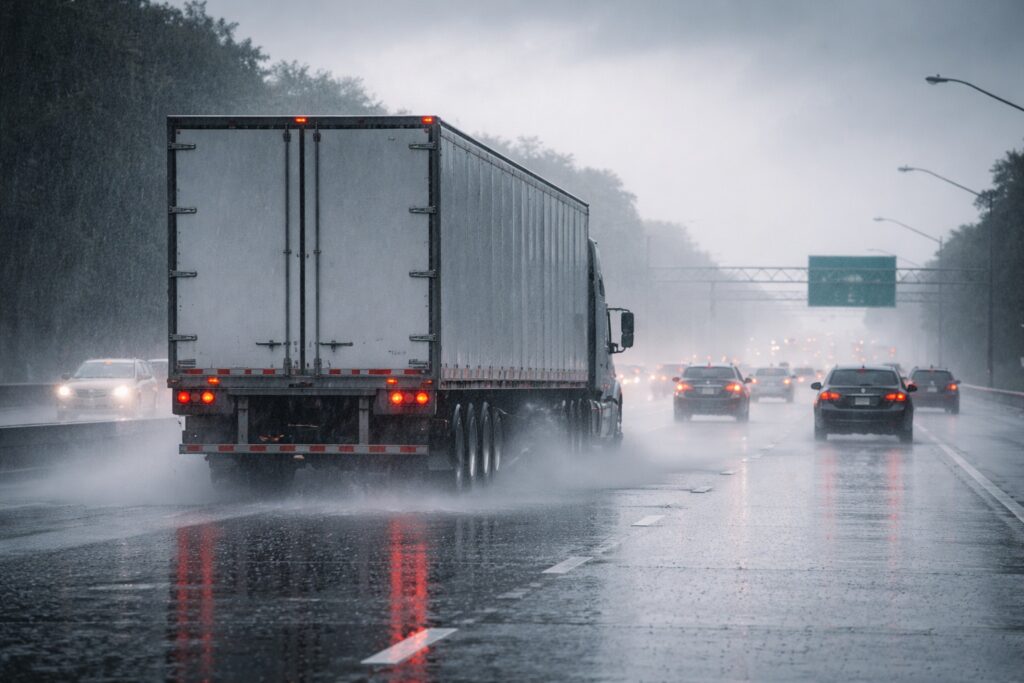 Rainy collision risks increase as a semi truck travels through heavy rain on a Florida highway.