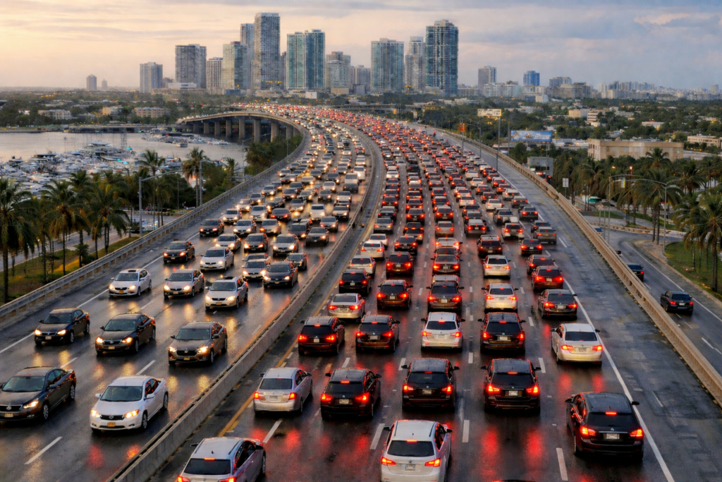 rear end surge in dense Florida traffic with tightly packed vehicles and brake lights