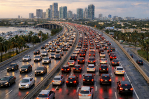 rear end surge in dense Florida traffic with tightly packed vehicles and brake lights