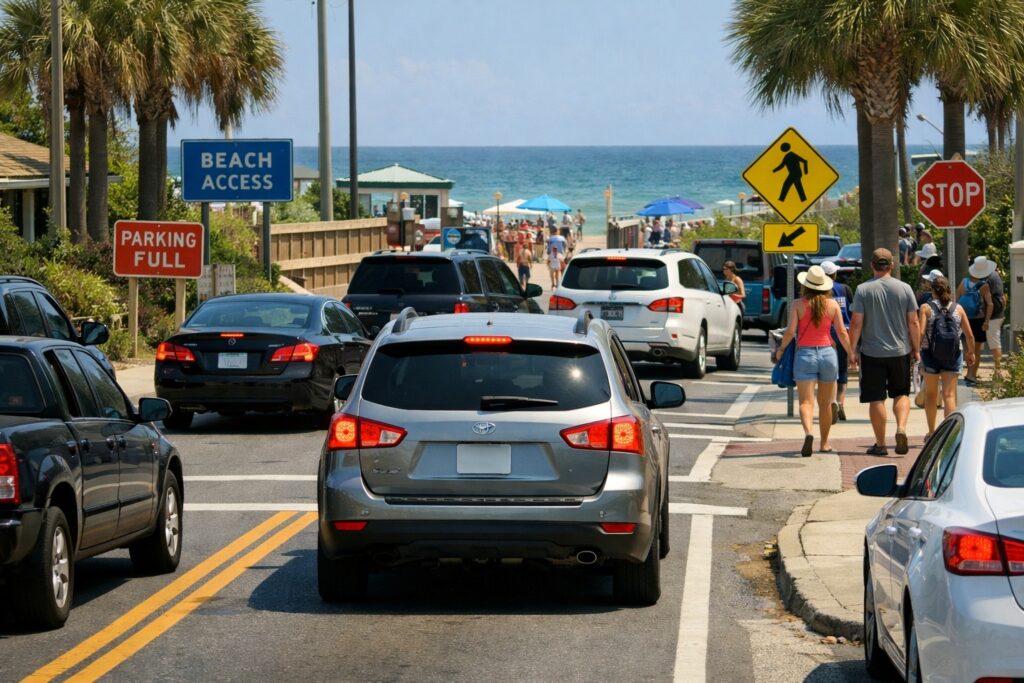 Slow beach traffic near beach access with pedestrians crossing and cars waiting for parking