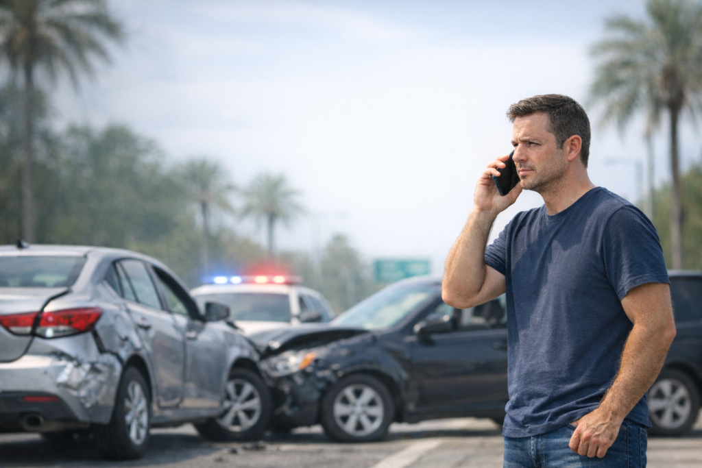 Florida car accident scene with damaged vehicles and driver on phone after crash