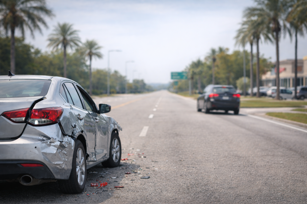 Florida hit and run accident with damaged car and vehicle fleeing scene in distance