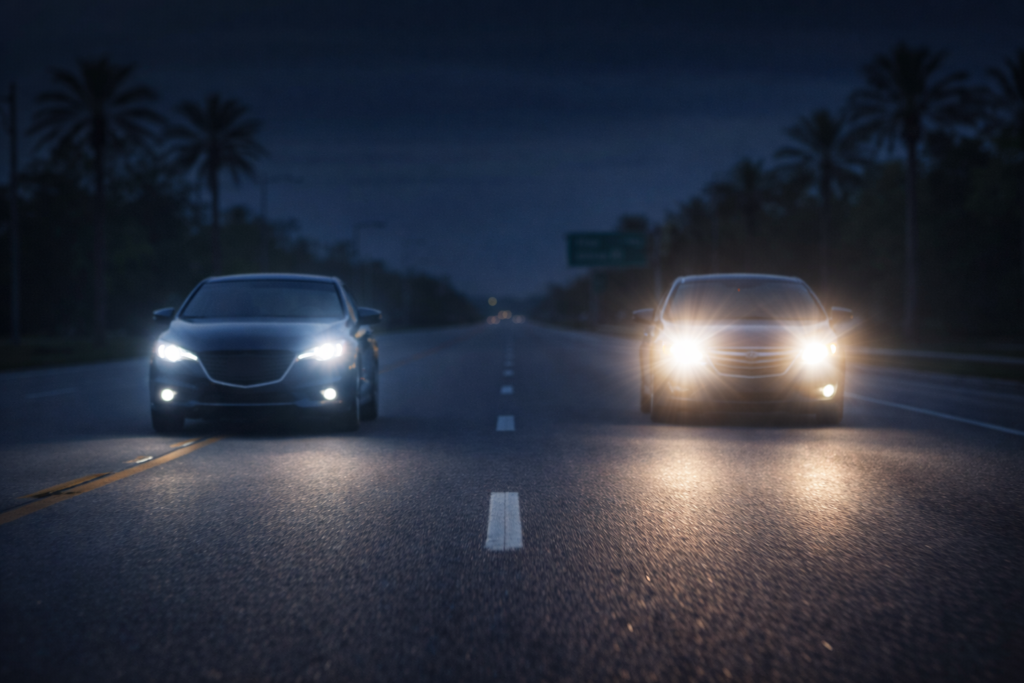 Two cars driving toward each other on highway illustrating wrong way driving danger