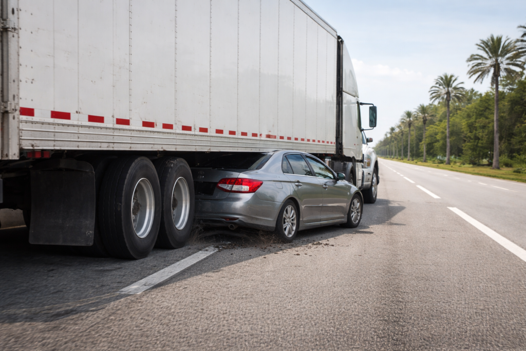 Passenger car partially under semi truck trailer in underride collision on Florida highway