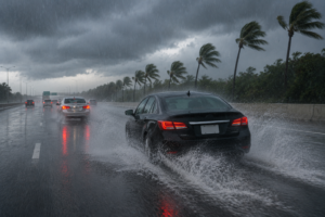 Florida interstate hydroplaning crash scene with a dark sedan sending up sheets of standing water during a heavy thunderstorm with brake lights glowing red through the spray