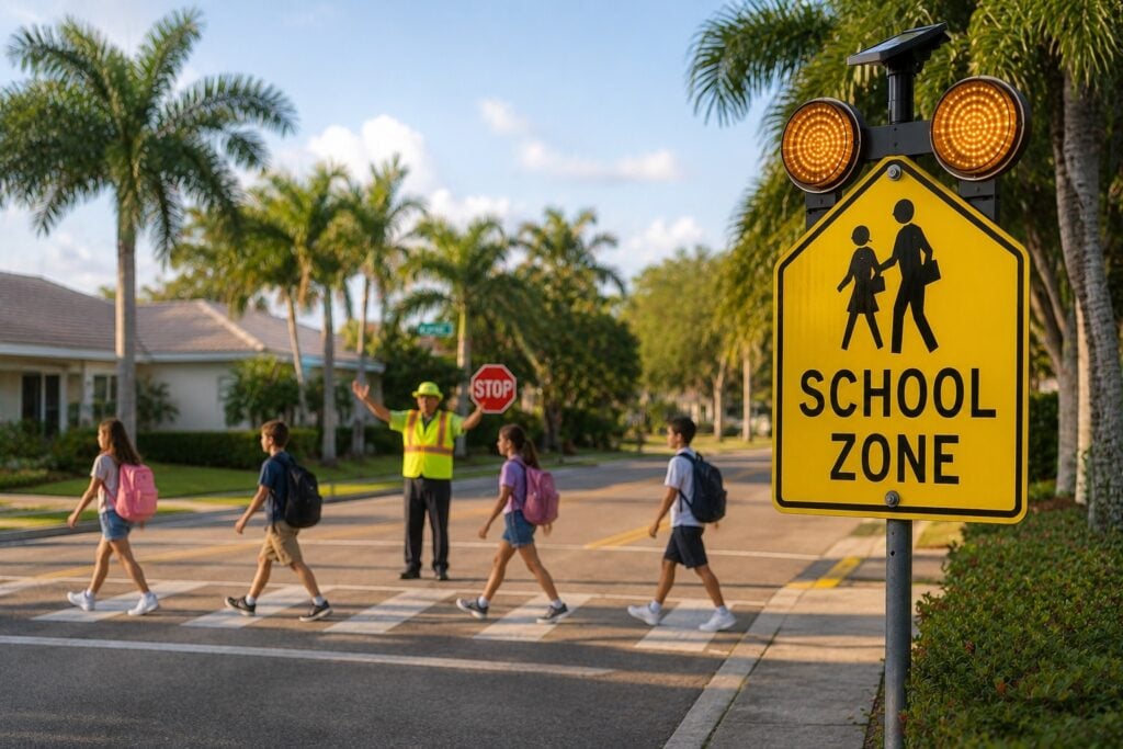 Children in a marked crosswalk near a Florida school zone with a crossing guard directing traffic