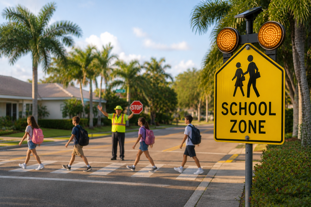 Children in a marked crosswalk near a Florida school zone with a crossing guard directing traffic
