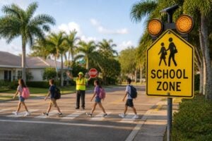 Children in a marked crosswalk near a Florida school zone with a crossing guard directing traffic