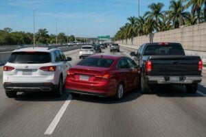 Florida interstate aggressive lane switching crash scene with a red sedan cutting between a white SUV and a dark pickup truck in heavy midday traffic