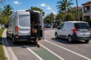 Florida delivery driver double-parked next to a green bike lane stepping out of a white van with the rear door open while a second delivery vehicle rushes past in the travel lane