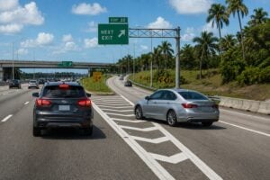 Silver sedan crossing solid white gore stripes into Florida interstate exit lane while dark SUV brakes hard in main travel lane near EXIT 32 overhead sign