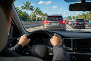 Driver experiencing sudden braking with red brake lights of stopped traffic visible through the windshield on a South Florida highway
