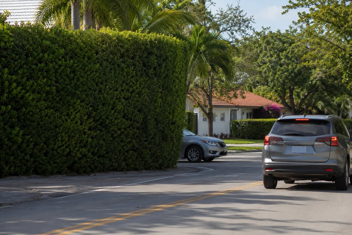 A car approaching a blind corner where a tall hedge blocks the view of cross traffic