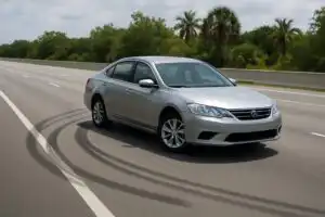A sedan turned across a Florida highway lane with curved skid marks after a loss of control