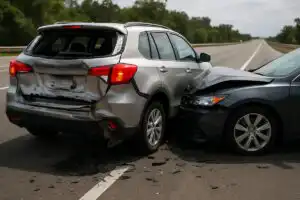 Two cars after a speed-difference collision on a Florida highway