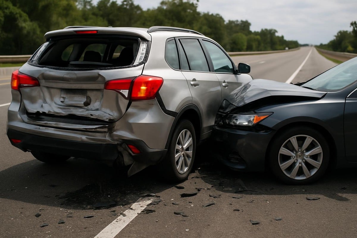 Two cars after a speed-difference collision on a Florida highway