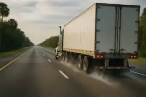 A loaded 18-wheeler braking on a Florida interstate showing the long stopping distance a truck needs