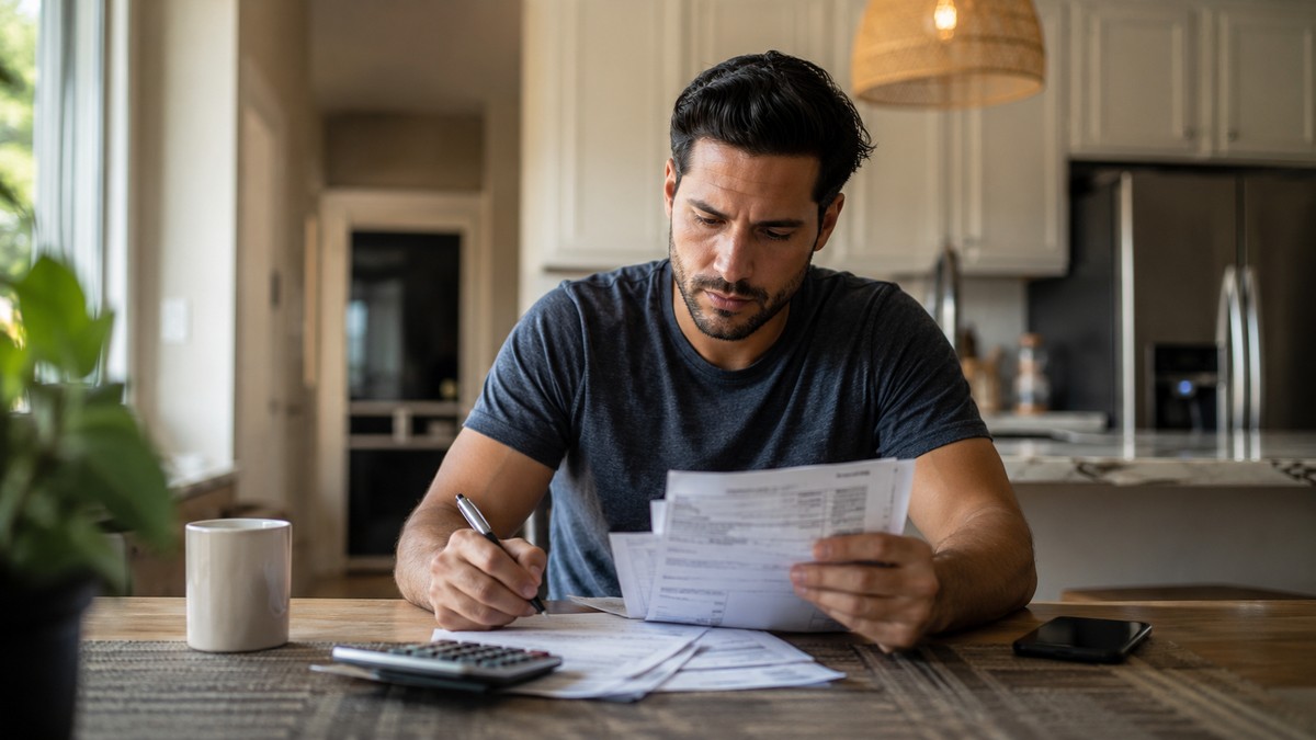 Man reviewing medical bills at a kitchen table while estimating a Florida car accident claim