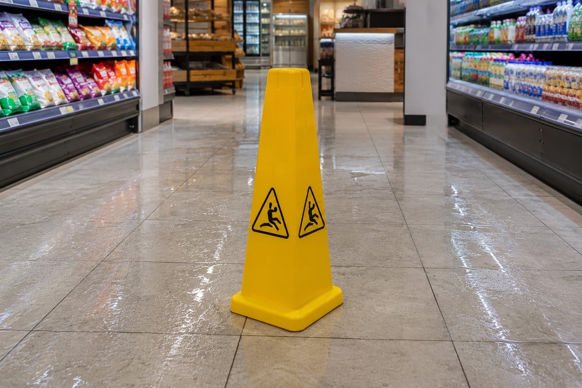 Yellow wet floor caution cone on a glossy grocery store floor