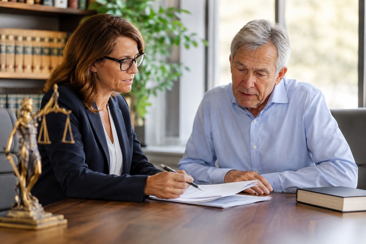 Attorney reviewing documents with a client at a desk in a Florida law office