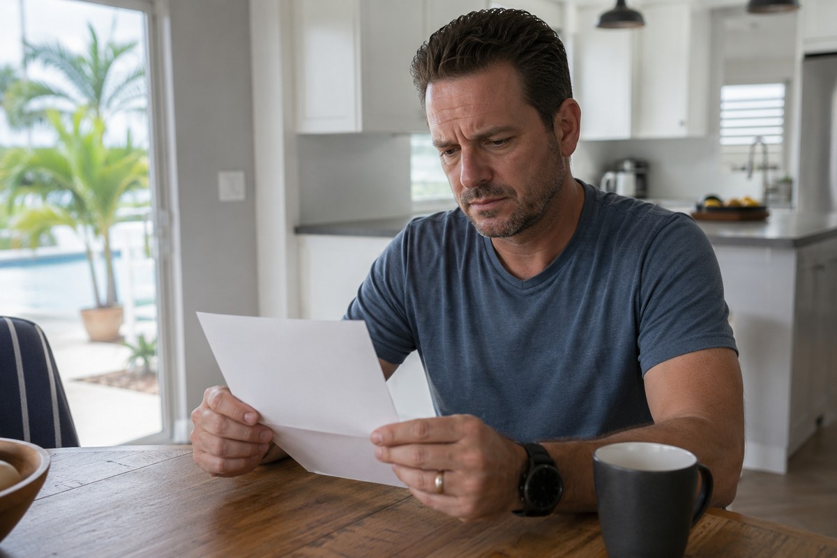 Man at a kitchen table reviewing a settlement letter with a concerned expression