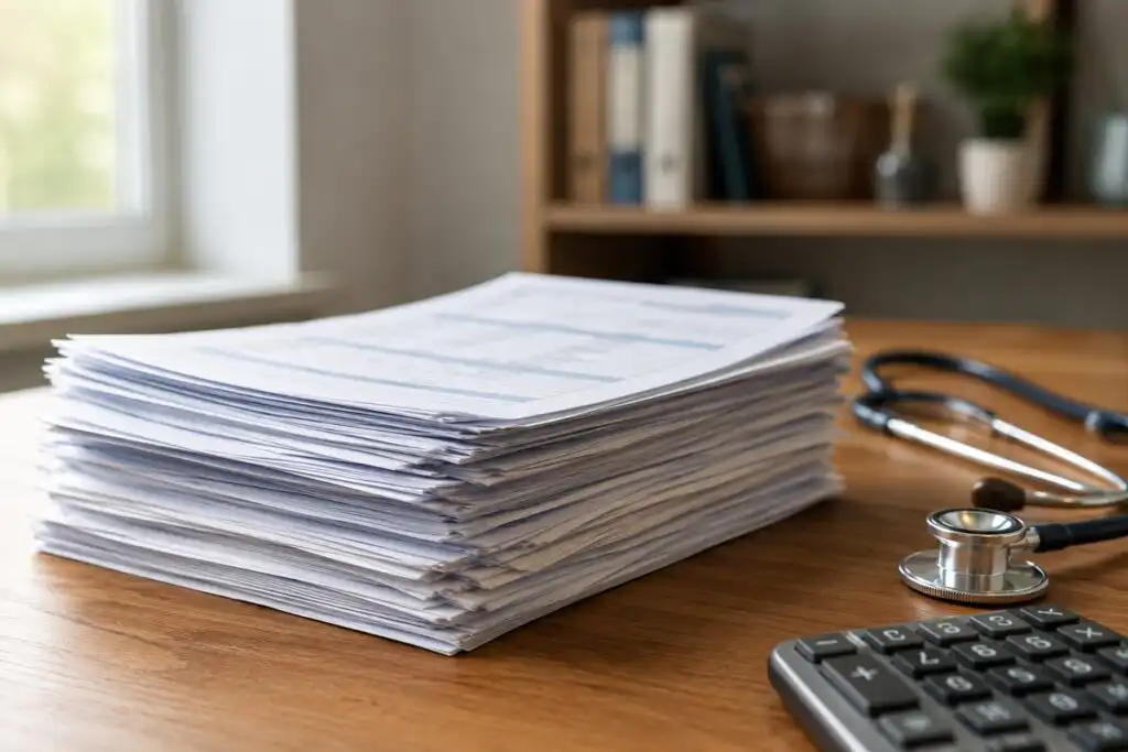 Stack of medical bills beside a stethoscope and calculator after a car accident