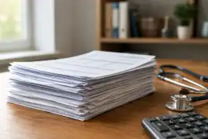 Stack of medical bills beside a stethoscope and calculator after a car accident