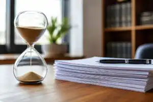 Hourglass beside a stack of legal documents showing the car accident settlement timeline