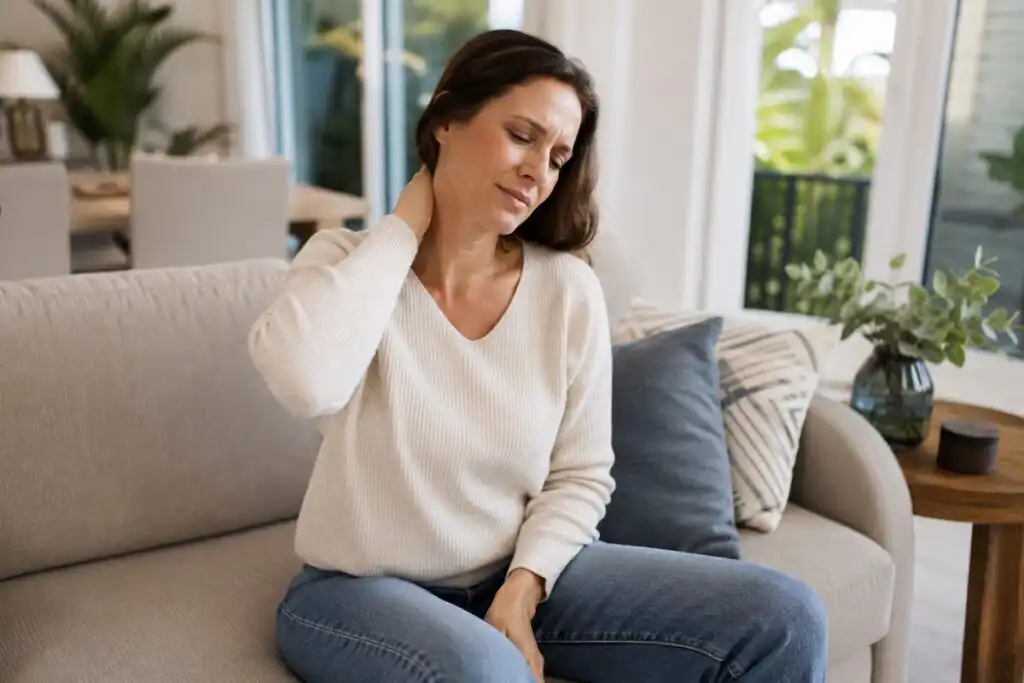 Woman at home holding the back of her neck after a car accident